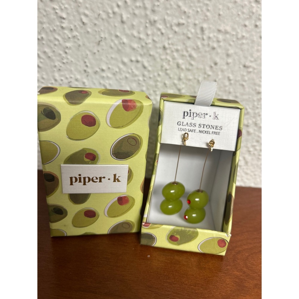 Piper K Glass Stone Double Olive Drop Earrings Green Martini Food Jewelry NIB